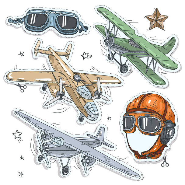 colorful sticker, set retro old aircraft, pilot helmet - Vector, Image