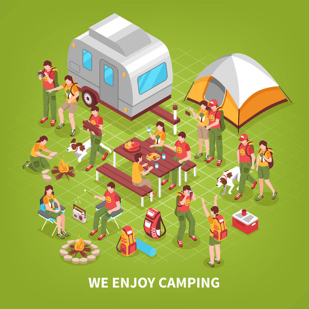 Retkikunta Camping Isometrinen juliste
  - Vektori, kuva