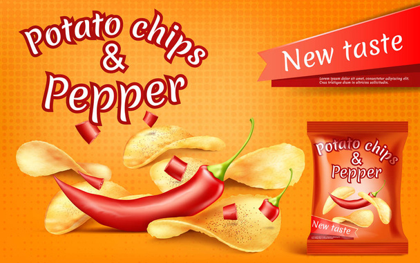 Vector banner with potato chips and chili pepper - Διάνυσμα, εικόνα