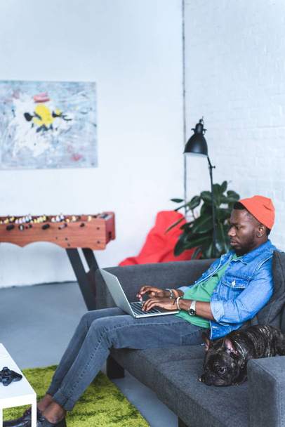 Афроамериканець людиною, що працюють на ноутбуці, сидячи на дивані з Frenchie собака - Фото, зображення