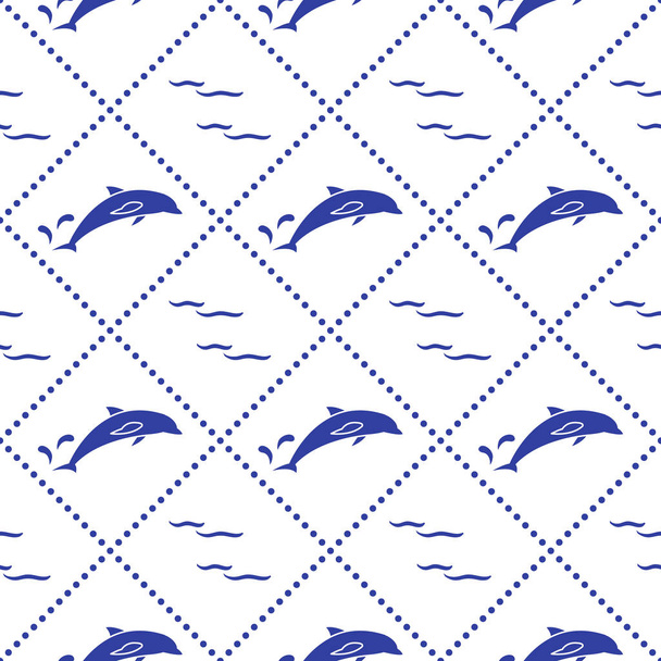 Seamless pattern with dolphins, splashes and waves - Вектор, зображення