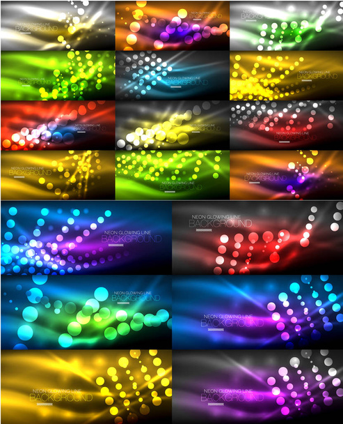 Neon glowing light abstract backgrounds collection, mega set of energy magic concept backgrounds - Vektör, Görsel