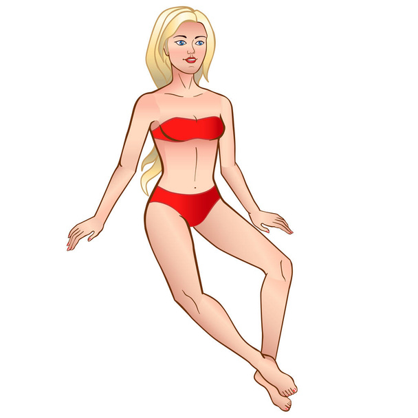 A girl in a red bathing suit is sitting. Blonde with long hair. Linear pattern with gradient - Vector, imagen