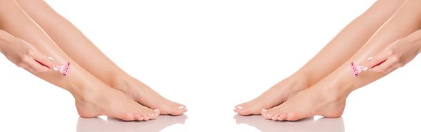 Set female feet legs heel of foot razor from different directions medicine beauty health - Φωτογραφία, εικόνα