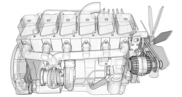 Большой дизельный двигатель с грузовиком, изображенным в контурных линиях на графической бумаге. Контуры черной линии на белом фоне
. - Фото, изображение