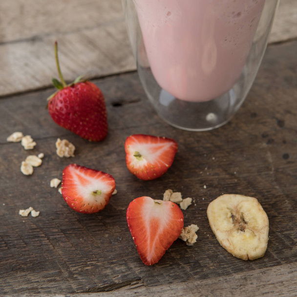 strawberry smoothie,summer fresh drink,strawberry yogurt on doub - Photo, Image