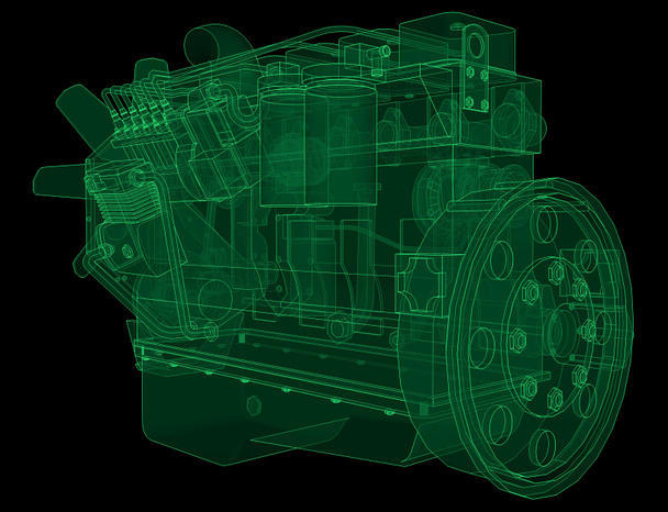 einen großen Dieselmotor mit dem LKW, der in den Höhenlinien auf Graphikpapier abgebildet ist. die Umrisse der grünen Linie auf dem schwarzen Hintergrund. - Foto, Bild
