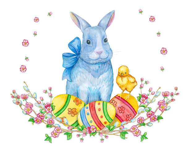 Пасхальний зайчик, мила ціпонька, великодні яйця і весняні квіти. Акварельна ілюстрація
.  - Фото, зображення