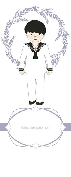 First communion celebration reminder. Cute boy wearing communion suit surrounded by flower wreath.  - Vector, Image
