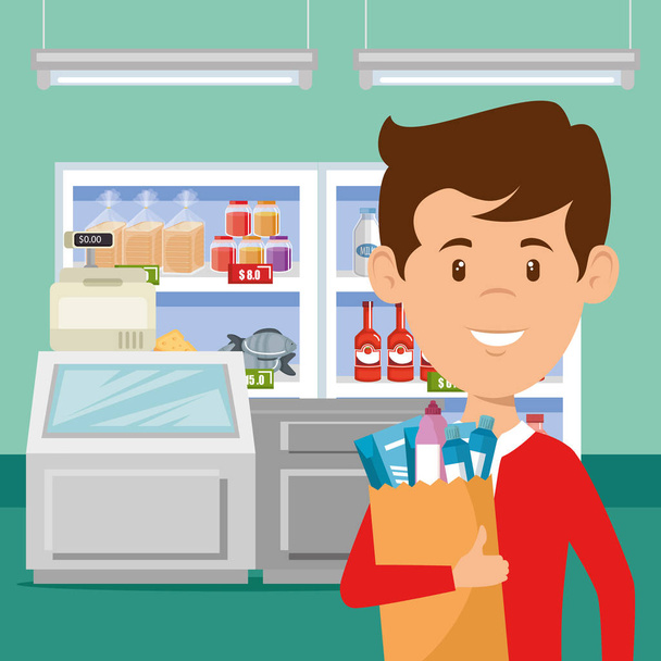 man with supermarket groceries in shopping bag - Vector, Image