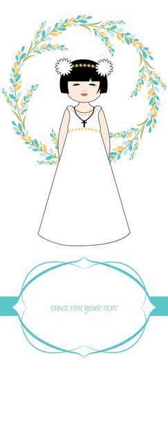 Primeiro lembrete de celebração da comunhão. Menina bonito vestindo um vestido branco, cercado por coroa de flores
.  - Vetor, Imagem