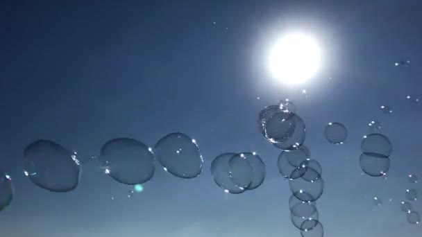 Colorful soap bubbles against blue sky - Footage, Video