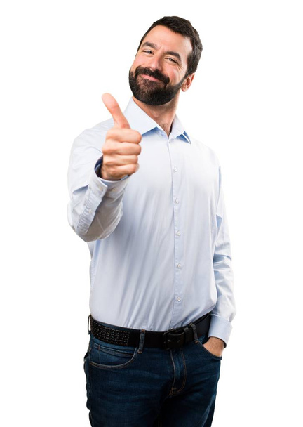 Handsome man with beard with thumb up - Fotoğraf, Görsel