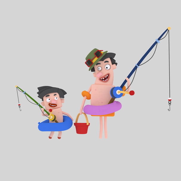 父と息子の釣りに行きます。3 d イラストレーション - 写真・画像