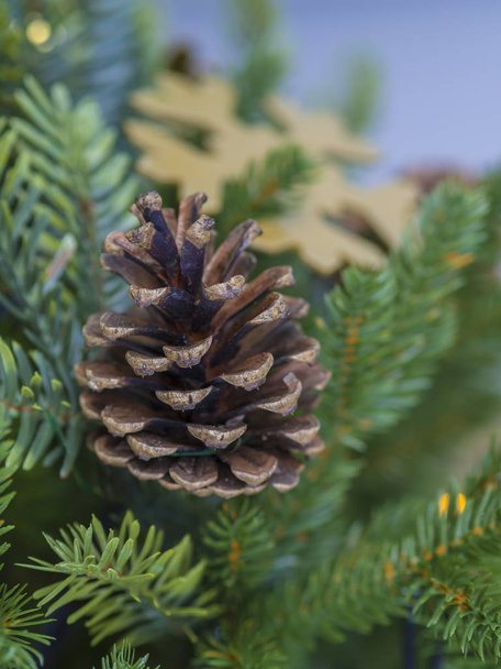 松の木の松のコーンと黄金のクリスマスの雪片を閉じる - 写真・画像