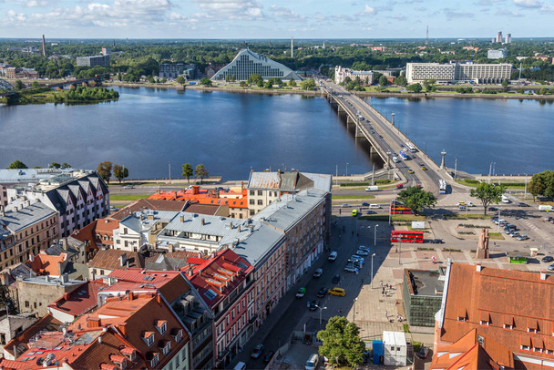 RIGA, LATVIA - AUGUST 8, 2017: aerial view of Old Town and Daugava river, Riga, Latvia - Zdjęcie, obraz