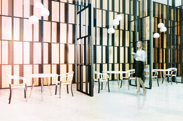 Restaurant interior, wooden walls, woman - Фото, зображення