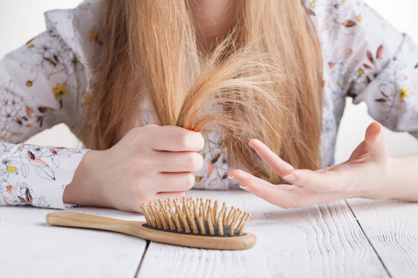 Hair Care. Closeup Of Beautiful Woman Hairbrushing Hair With Bru - Valokuva, kuva