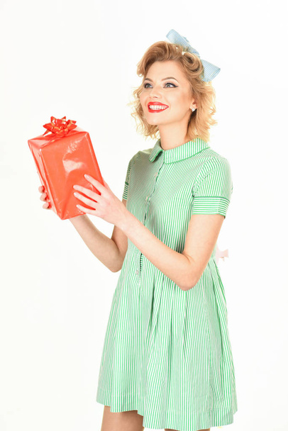 happy smiling woman dressed in pin-up style dress, isolated - Фото, изображение