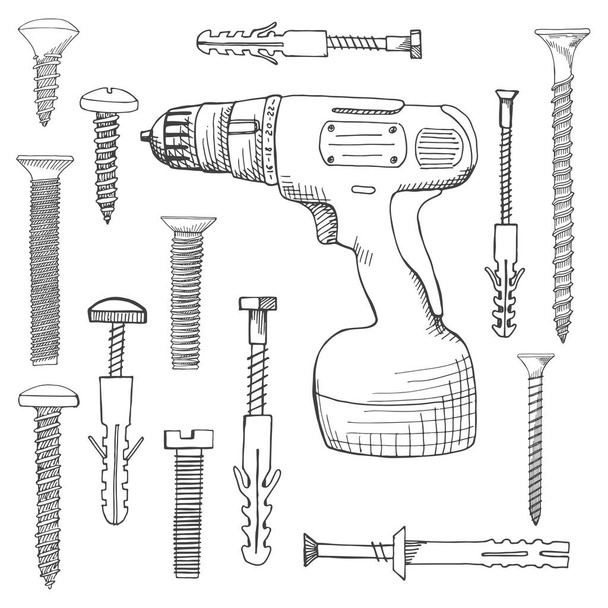Cordless Drill and different screws. Tools illustration in vector sketch style. - Vektori, kuva
