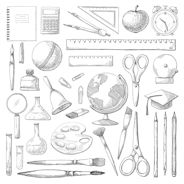 Hand drawn different school supplies isolated on white background. Vector illustration of a sketch style. - Vector, Image