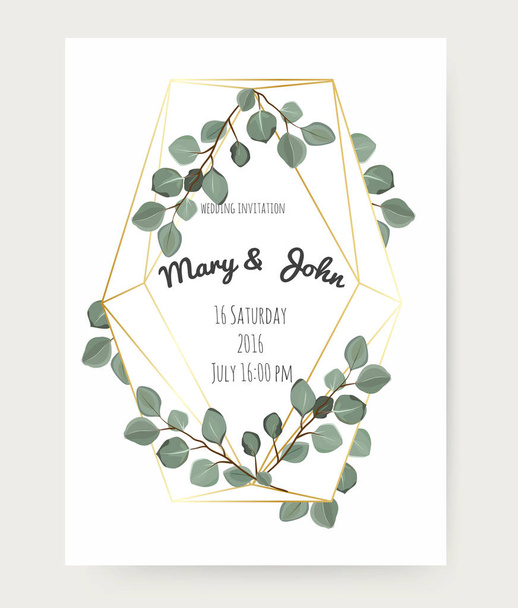 Natural botanical Greeting wedding invitation, invite template. Geometrical polyhedron, golden Frame border with copy space - Vector, Image