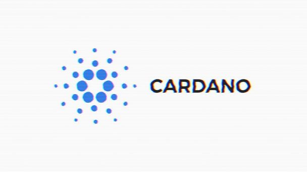 Cardano σύμβολο Ada blockchain κρυπτονόμισμα animation. Ψηφιακό νόμισμα Καρντάνο, ένα λογότυπο με ένα αφηρημένο τελείες. Τηλεόραση θορύβου - Φωτογραφία, εικόνα