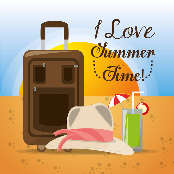 літній капелюх, багаж і холодний коктейль над піском з красивим сонячним пляжем
 - Вектор, зображення