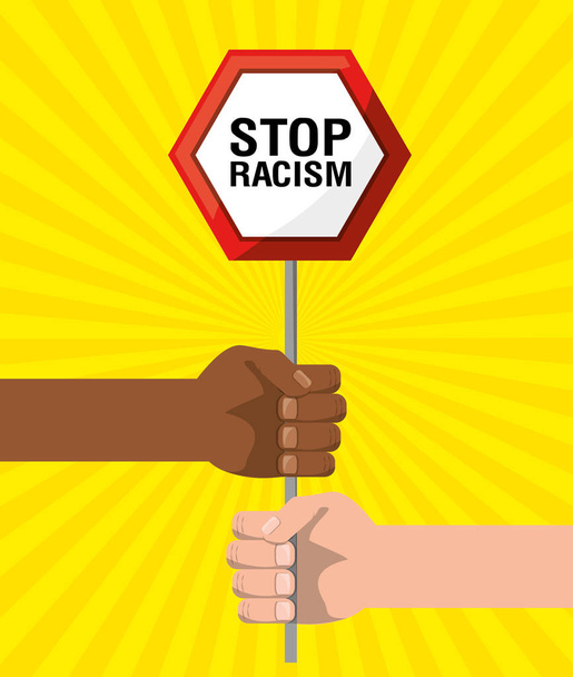 hands with notice emblem of stop racism - Вектор,изображение