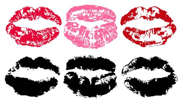 口紅の跡。白い背景のベクトル シルエット上分離された唇トレース。Kiss セット - ベクター画像