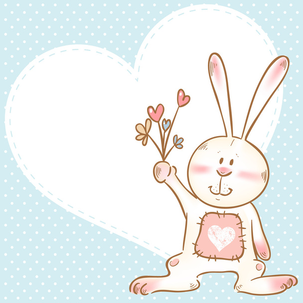 Cute love card with smiling toy bunny holding flowers - Vektör, Görsel