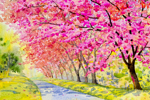 花紫の風景、野生ヒマラヤ桜の色のピンク - 写真・画像