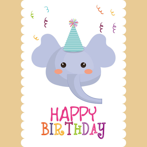 happy birthday card with cute elephant character - Vektori, kuva