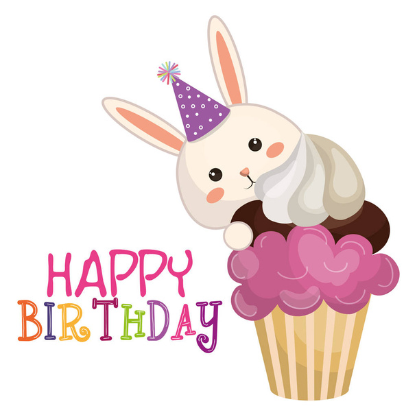 happy birthday card with bunny character - Vector, imagen