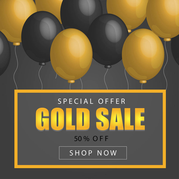 Sale Poster with shiny balloons on dark Background with golden, glitter lettering and frame - Vetor, Imagem