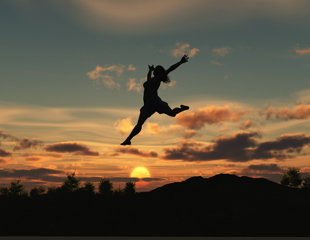 Nainen hyppää aamunkoitteessa
 - Valokuva, kuva