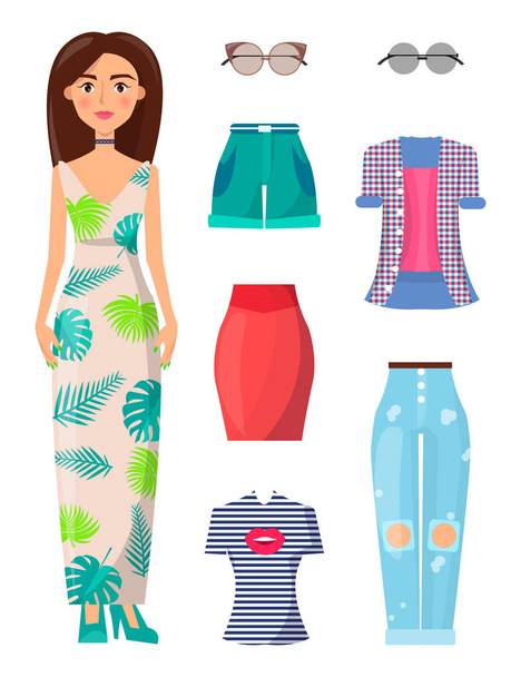 Woman and Summer Mode Set Vector Illustration - Vector, Image
