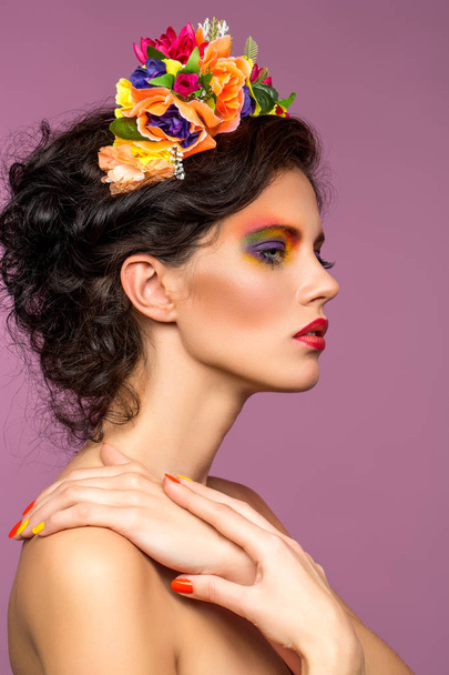 beautiful girl with flower accessories - Fotó, kép