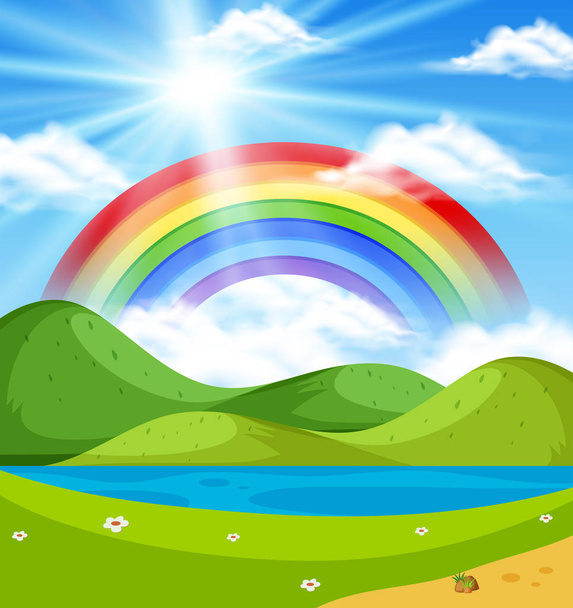 Escena de la naturaleza con arco iris sobre las colinas
 - Vector, imagen