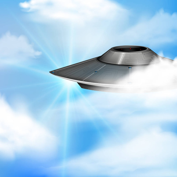 Круглый космический корабль, летящий в голубом небе
 - Вектор,изображение