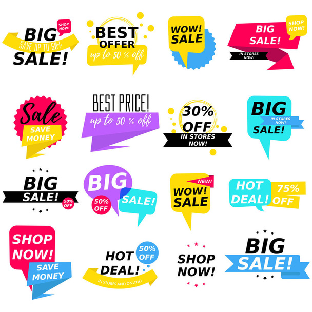 Flat design colorful sale stickers collection. Online shopping, sale and promotion, website and mobile badges, promo banners, special offer, shopping vector illustration design and marketing material - Vetor, Imagem