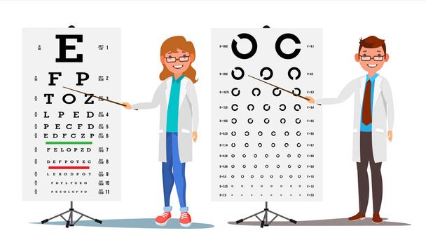 Ophthalmology Doctor Set Vector. Female, Male. Medical Eye Diagnostic. Eye Test Chart In Clinic. Diagnostic Of Myopia. Medicine Concept. Isolated Flat Cartoon Illustration - Vector, Image