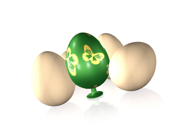 Easter egg en gebruikelijke eieren op witte rerlective achtergrond, 3d illustratie. - Foto, afbeelding