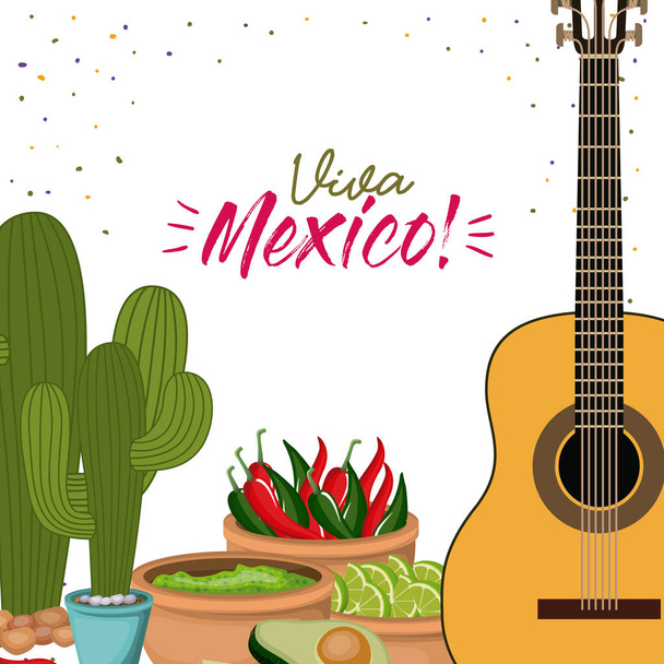барвистий плакат з гітарою та кактусом та мексиканськими продуктами чилі гуакамоле авокадо
 - Вектор, зображення