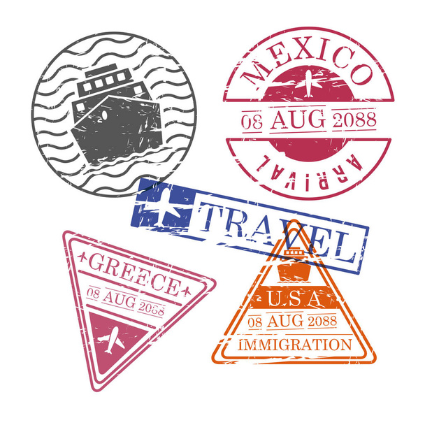 timbres de voyage bateau et avion Mexique Grèce Etats-Unis en silhouette colorée
 - Vecteur, image