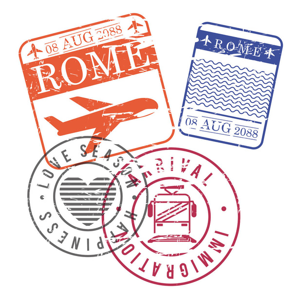 αεροπλάνο και τραίνο ταξίδια γραμματόσημα της Ρώμης στο πολύχρωμο σιλουέτα - Διάνυσμα, εικόνα