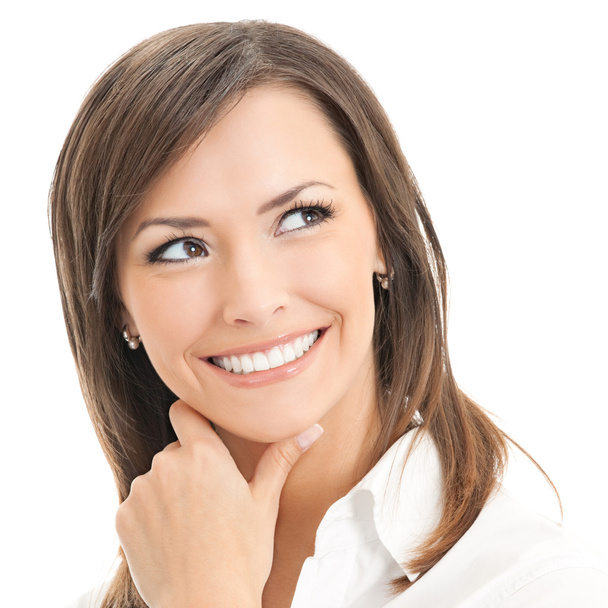 Portrait of thinking businesswoman, isolated on white background - Фото, изображение