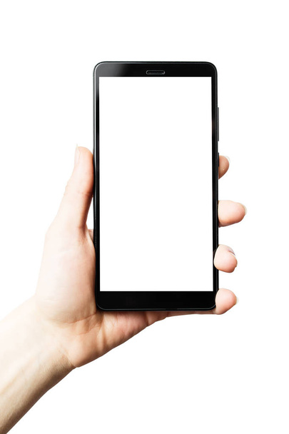phone in hands on isolated, frameless phone, smartphone with thi - Valokuva, kuva