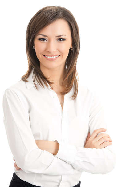 Portrait of young happy smiling businesswoman, isolated on white - Zdjęcie, obraz