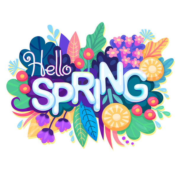 Inscription Hello Spring on background with Colorful Flowers, Leaves and Grass. Floral Banner for Springtime Graphic Design. Blossoming Bouquet. Vector. - Vector, Image